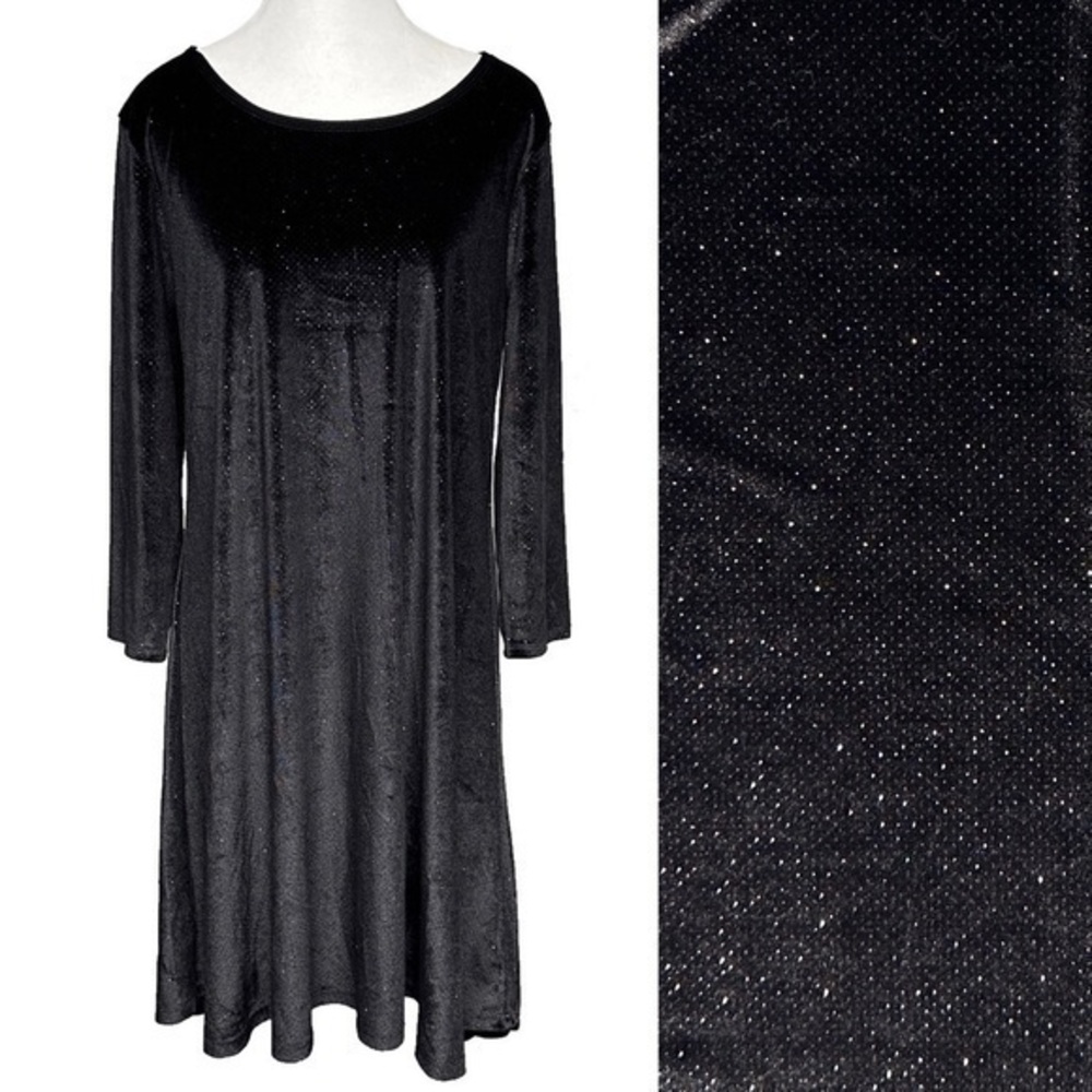 Black Velvet Silver Sparkle Dot Long Sleeve Dress Joan Vass Size Large